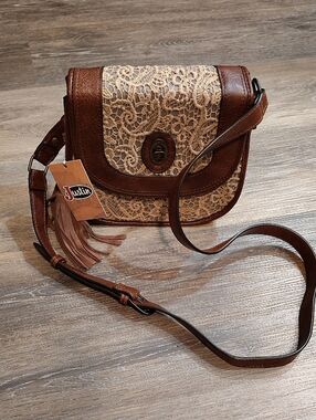 Justin Boots Tan Lace & Brown Leather Crossbody Bag with Tassel